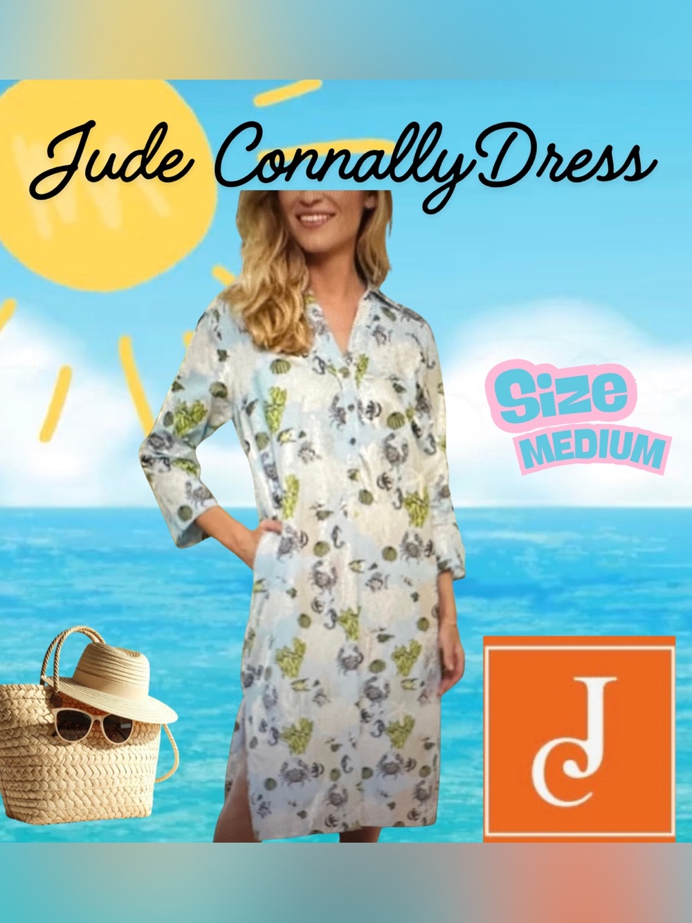 Jude Connally Sea Life Midi Dress in Light Blue and Lime Accents, size medium